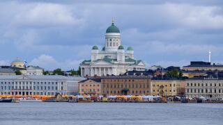 Helsinki / Finland - JULY 31, 2023:View of downtown Helsinki with the market square in the foreground. The Helsinki Cathedral is in the background.