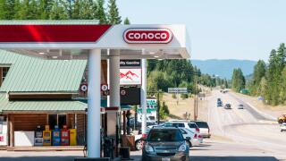 A Conoco filling station beside a road in Montana, USA.