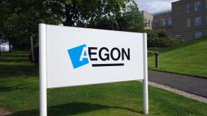 Aegon company sign outside headquarters at Edinburgh Park