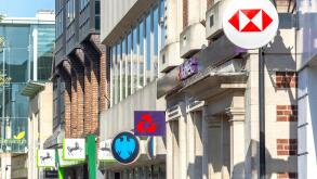 Row of high street banks (Lloyds, Barclays, Nat West & HSBC), High Street, Staines-upon-Thames, Surrey, England, United Kingdom