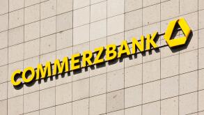Dusseldorf, Germany - August 20, 2011: Commerzbank signage on tiled wall. Commerzbank AG is the second-largest bank in Germany