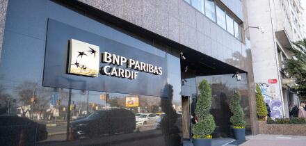 Findikli, Istanbul, Turkey - 02.26.2021: entrance of BNP Paribas Cardif Hotel near coast road