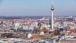 View over Berlin-Mitte, to the northeast, Berliner Dom, TV tower, construction site Berliner Schloss, Alexanderplatz square,