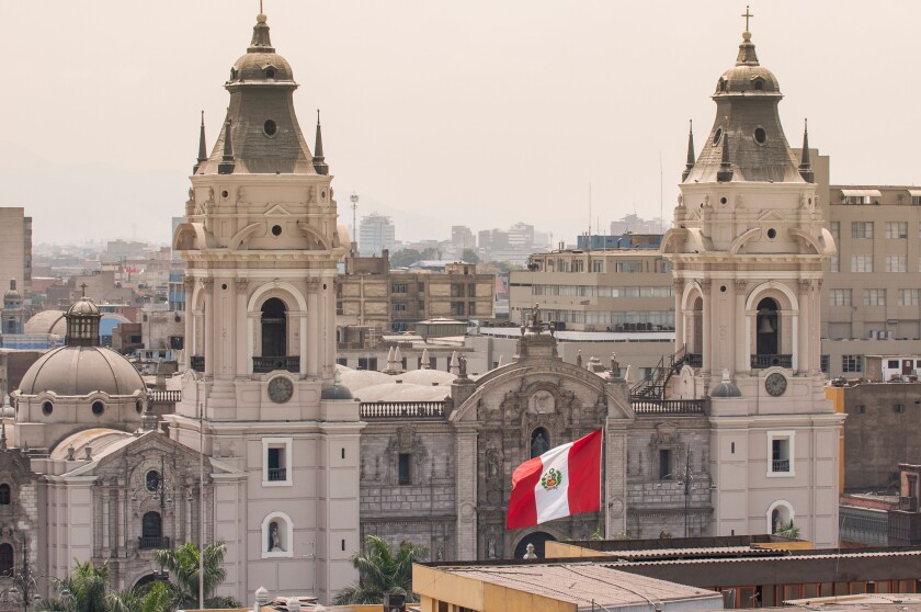 Cathedral of Lima from the steeple of The Church Santo Domingo, Lima, Peru, South America