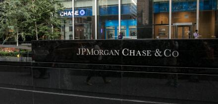 Corporate sign for JPMorgan Chase at one of their Manhattan office locations.