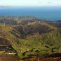 Aerial view of the Wind Farm Electricity generation on the Makara Hills in the western suburbs of Wellington city, New Zealand.