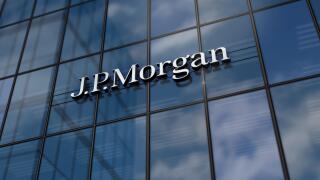 New York, USA, May 31, 2023: J.P.Morgan bank corporation headquarters glass building concept. JP Morgan banking company symbol on front facade 3d illu