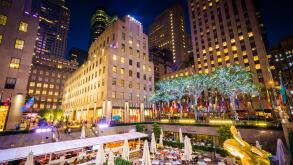 Buildings at Rockefeller Center at night, in Midtown Manhattan, New York.
