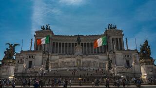 Victor Emmanuel II National Monument in Rome. An equestrian sculpture of Victor Emmanuel II, Rome, Italy. Altar of the Fatherland with italian flags