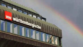 Wurttembergische Versicherung AG, 
rainbow over the head office of the Wurtembergische Insurance  company in Stuttgart