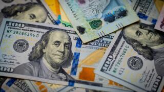 euro banknotes and coins, dollar banknotes with bitcoin, dirhams with Bitcoin