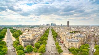La Defense business area, La Grande Armee avenue. View from Arc de Triomphe. Paris, France, Europe.