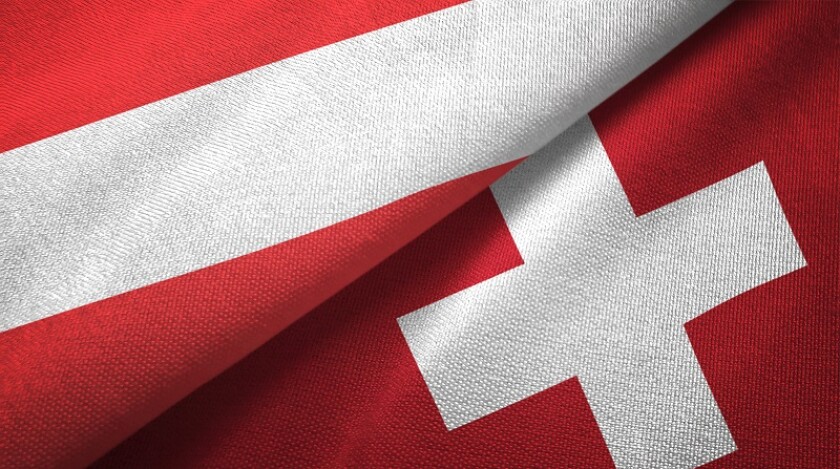 Austria and Switzerland two flags textile cloth, fabric texture