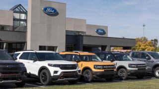 Indianapolis - Circa October 2022: Ford Car, SUV and Pickup Truck dealership. Ford manufactures the F-150 and F-Series trucks, Mustang Mach-E and Esca