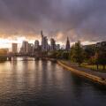 The skyline of Frankfurt am Main in the evening sun, on September 29, 2021. In the middle of the skyscrapers, the Commerzbank Tower, the headquarters of Commerzbank, on the right a park. (Photo by Alexander Pohl/Sipa USA)
