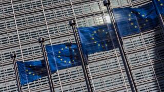 Flags of European Union weaving outside the European Commission building, Brussels, Belgium
