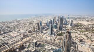 View of Sheikh Zayed Road from Burj Khalifa observation deck, Dubai City, United Arab Emirates, UAE, Middle East