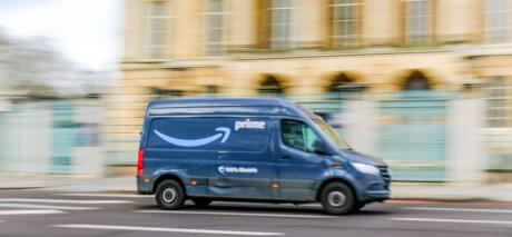 LONDON- FEBRUARY 19, 2024: Amazon Prime delivery van in motion on London street