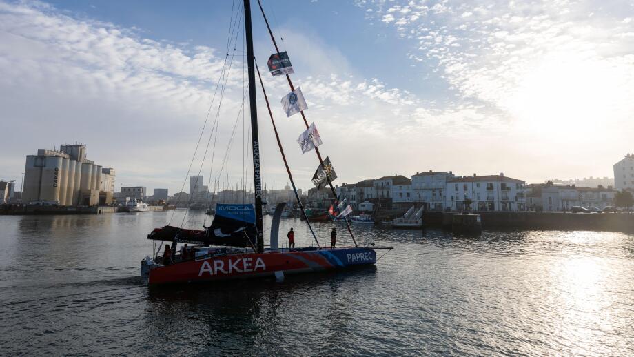 LES SABLES D'OLONNE, FRANCE - NOVEMBER 08, 2020: Sebastien Simon boat (Arkea - Paprec) in the channel for the start of the Vendee Globe 2020