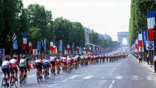 Riders at the Tour De France on the final stage on Champs Elysees in Paris France