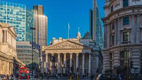 UK, England, London, The City, Bank of England (left) and the Royal Exchange, Tower 42 (formerly NatWest Tower) and The Cheesegrater (122 Leadenhall Street) in background