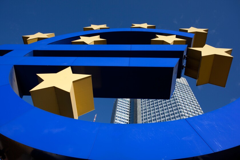 The Euro sign, the official currency of the Eurozone in the European Union. Photo:Jeff Gilbert