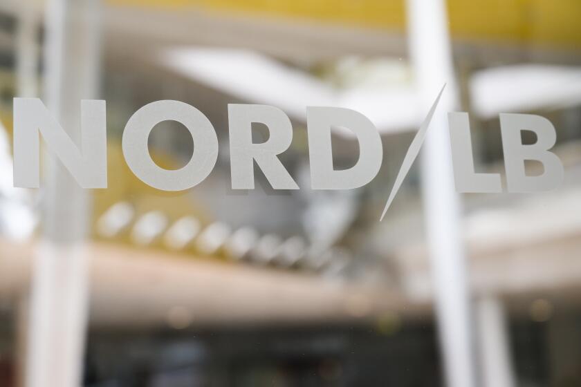 04 April 2019, Lower Saxony, Hannover: On a glass door is the logo of Norddeutsche Landesbank NordLB. Photo: Christophe Gateau/dpa