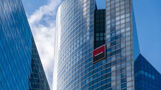 Puteaux, France - November 12, 2020: Exterior view of Societe Generale twin towers, headquarters of the French bank located in Paris-La Defense