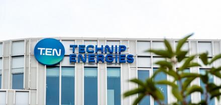 Sign and logo on the facade of the headquarters of Technip Energies, a company of French origin present in engineering for the energy industry