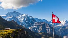 Stunning view of the Jungfrau and mountain range of Bernese alps from Mannlichen cablecar station, Switzerland.
