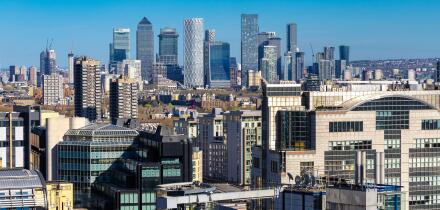 View of Canary Wharf skyscrapers from The Garden at 120 at the Fen Court building with Stanza London in background, City of London, England