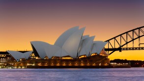 Sydney Opera House with Sydney Harbor Bridge, Sydney Harbour Bridge at sunset. Sydney Australia New South Wales.