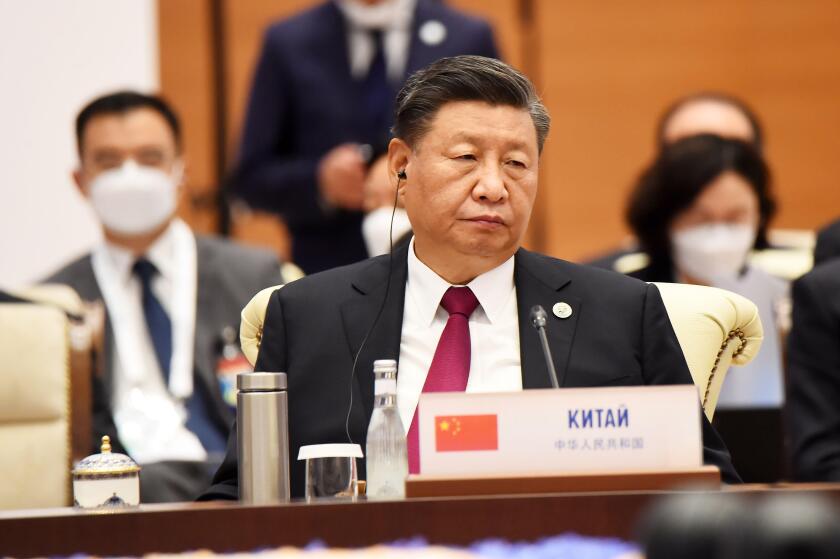 Samarkand, Uzbekistan. 16th Sep, 2022. Chinese President Xi Jinping attends the Shanghai Cooperation Organisation (SCO) leaders' summit in Samarkand, Uzbekistan on Friday on September 16, 2022. Photo by Tajikistan Presidency Office/UPI Credit: UPI/Alamy L