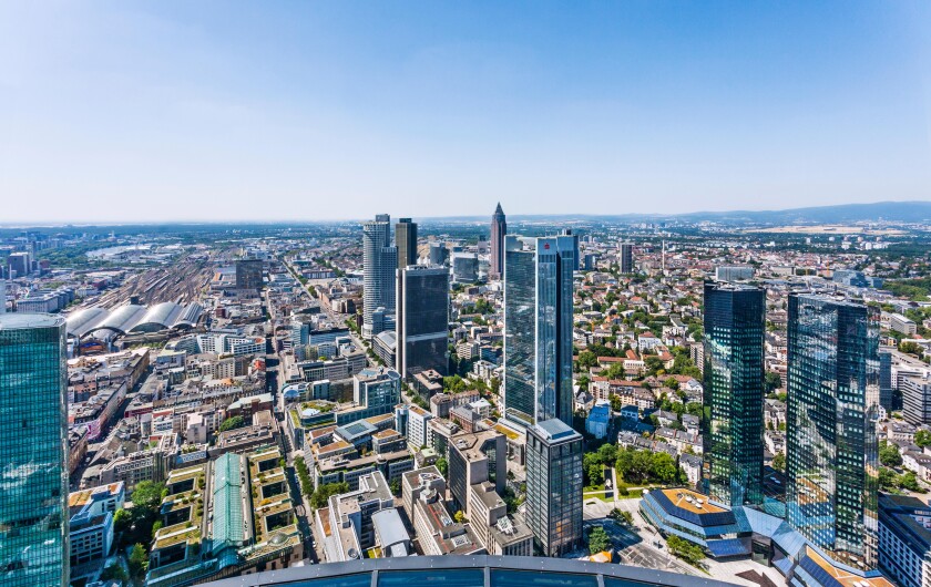 Germany, Hesse, Frankfurt am Main, aerial view of Frankfurt's Bankenviertel highrise