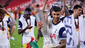 Players of Tottenham Hotspur FC celebrate with the trophy after winning during the UEFA Europa League 2024/25 Final match between Tottenham Hotspur and Manchester United at San Mames on May 21, 2025, in Bilbao, Spain. AFP7 21/05/2025 (Europa Press via AP)