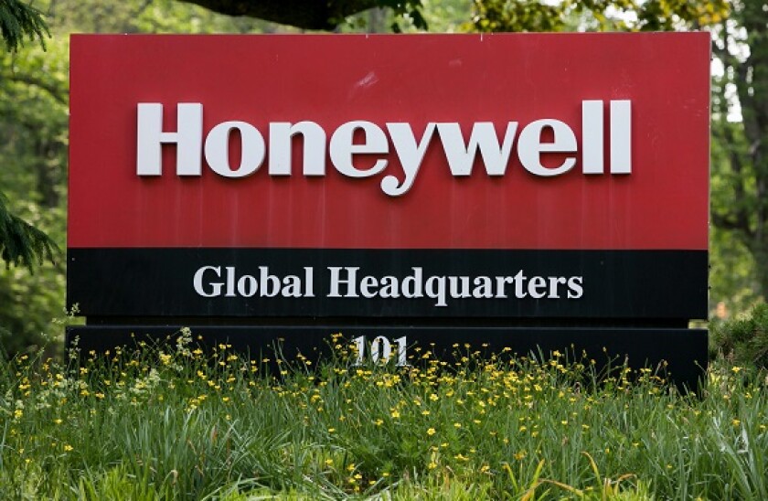A logo sign outside of the headquarters of Honeywell International, Inc., in Morris Township, New Jersey.