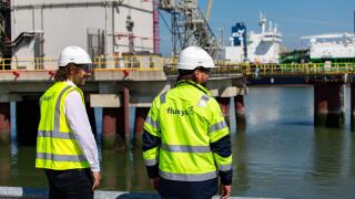 MR chairman Georges-Louis Bouchez pictured during a visit to the Fluxys LNG-terminal (liquefied natural gas) in Zeebrugge, Tuesday 23 August 2022. BELGA PHOTO KURT DESPLENTER