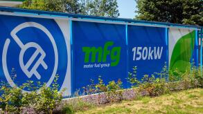 MFG Motor Fuel Group 150 kW EV Power 'Fast Clean Energy' car charging station at Parbold, Lancashire UK