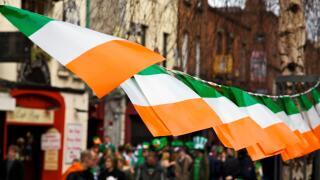 Dublin, Ireland; Flags Of Ireland Hanging Over The Street