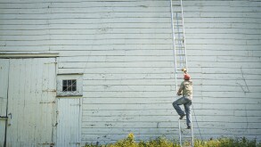 New York state USA man climbing ladder propped against clapboard barn