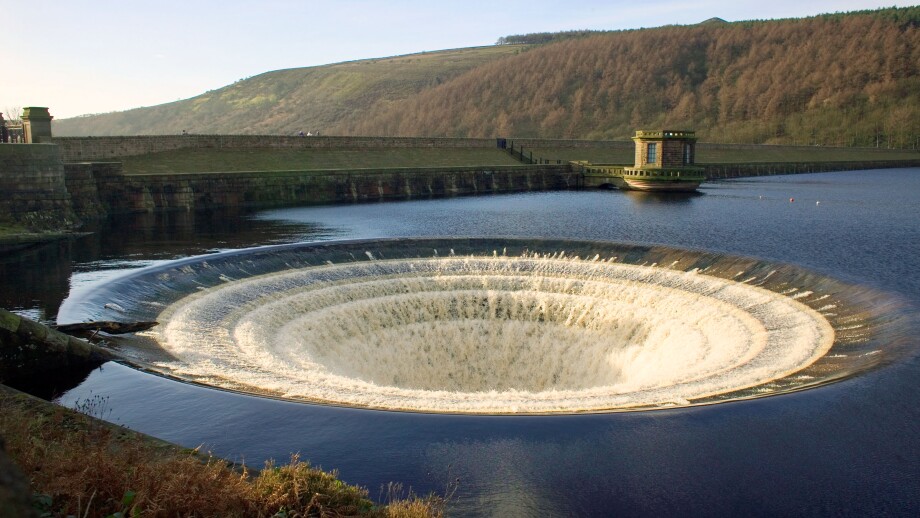 An overflow on Ladybower reservoir Derbyshire UK