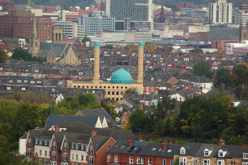 A view of Sheffield city skyline featuring the blue dome of Madina Masjid (mosque) Wolseley Road Sheffield Yorkshire England UK
