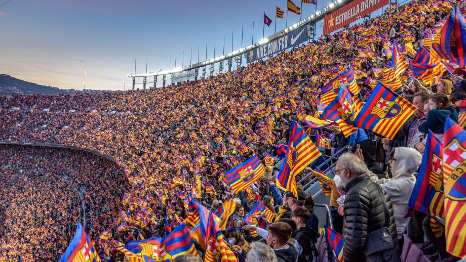 Festive mood at Camp Nou stadium, full sold out with 91,648 spectators, the world attendance record for a women's football match, in 2022 Champions