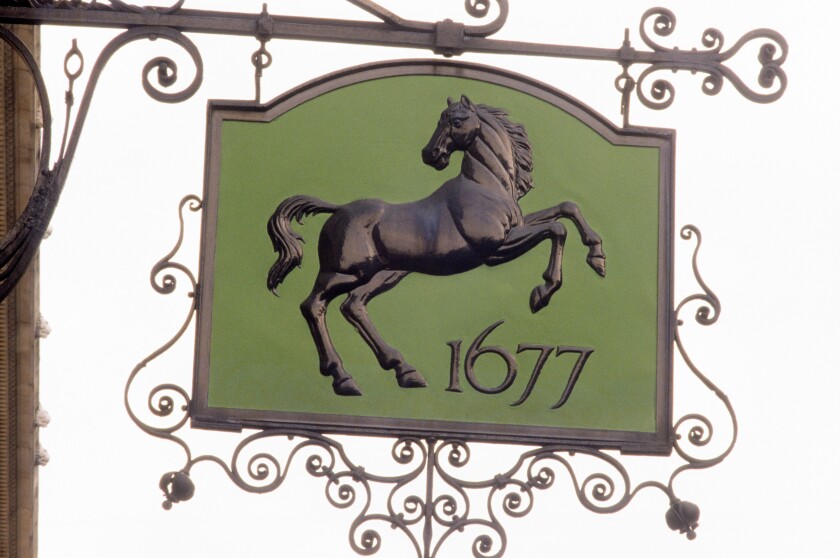 Lombard Street City of London Lloyds Bank street sign British Banks signs old 1677 vintage England UK black horse. Image shot 1995. Exact date unknown.