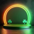 St patrick day neon background with shamrock and glowing arch. Green and orange circle portal on dark stage with smoke. Irish holiday celebration design concept with copy space