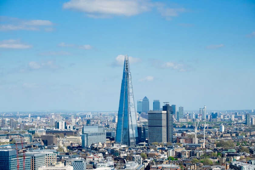 View of The Shard new skyscraper and skyline of London United Kingdom