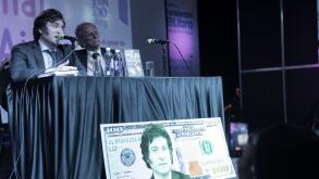 Buenos Aires, Argentina. 14th May 2023. Presidential candidate Javier Milei presented his book El fin de la inflacion (The End of Inflation) at the 47th International Book Fair. (Credit: Esteban Osorio/Alamy Live News)