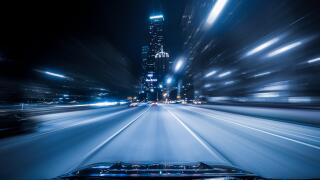 View from the top of a car driving down highway, Chicago, Illinois, United States