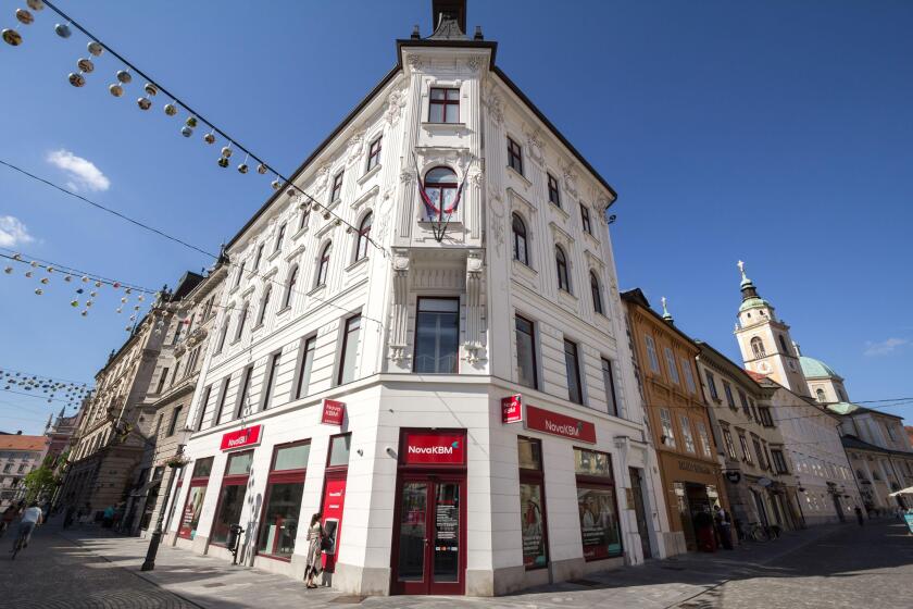 picture of an Nova KBM Banka sign on their office for Ljubljana, Slovenia. Nova kreditna banka Maribor is a retail, commercial and investment bank fro