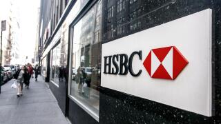 Exterior HSBC sign at their office building in downtown Manhattan.